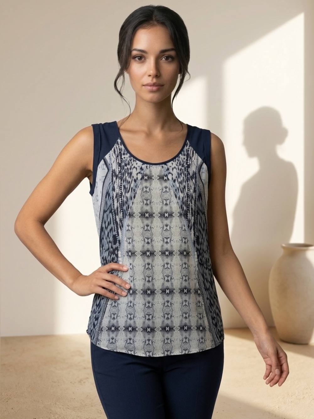 CAbi Navy and Cream Printed Sleeveless Lined Shell